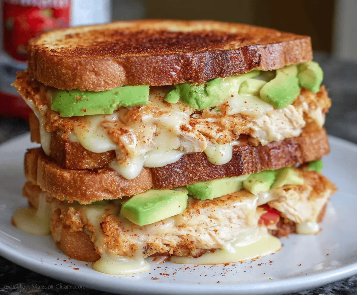 Delicious Chicken Avocado Melt Sandwich with melted cheese and fresh avocado layers.