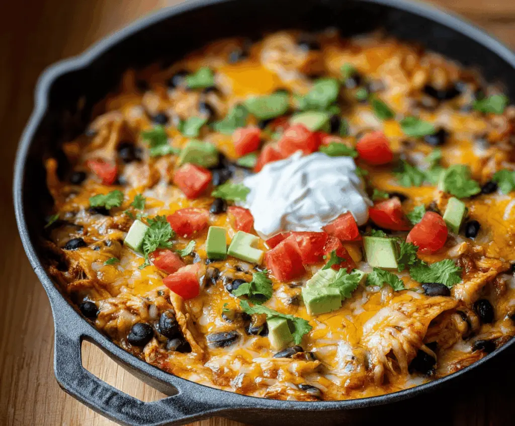 Delicious Chicken Black Bean Enchilada Skillet with melted cheese and fresh toppings