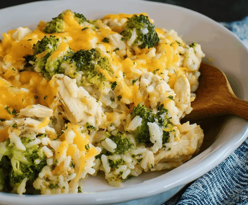 Delicious chicken broccoli rice casserole in a baking dish, showcasing a cheesy, hearty meal.