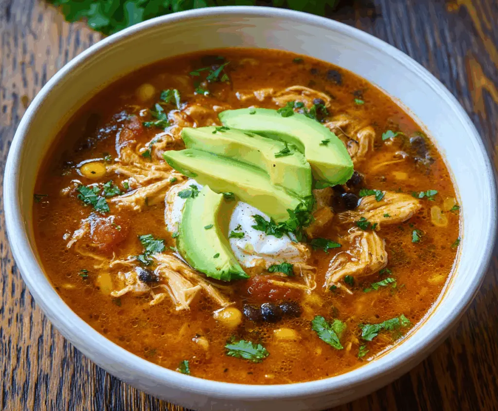 Delicious chicken enchilada soup in a bowl topped with cheese and fresh cilantro.
