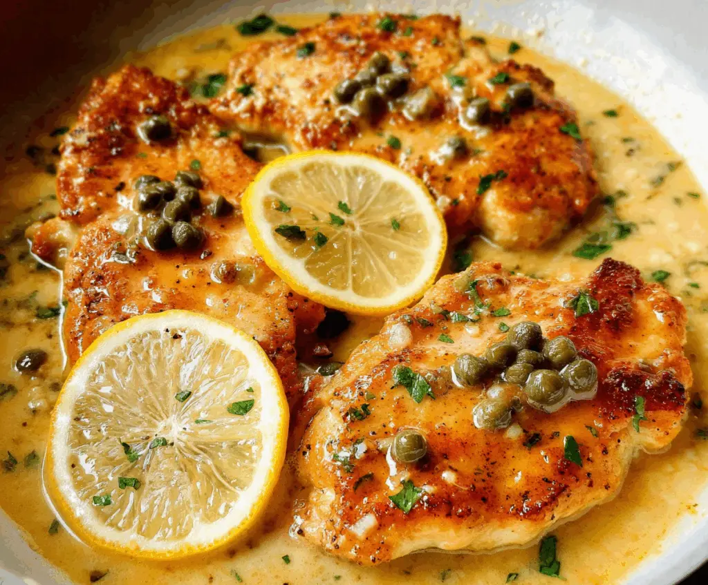 Delicious Chicken Piccata with Lemon Sauce served on a plate, garnished with fresh herbs.