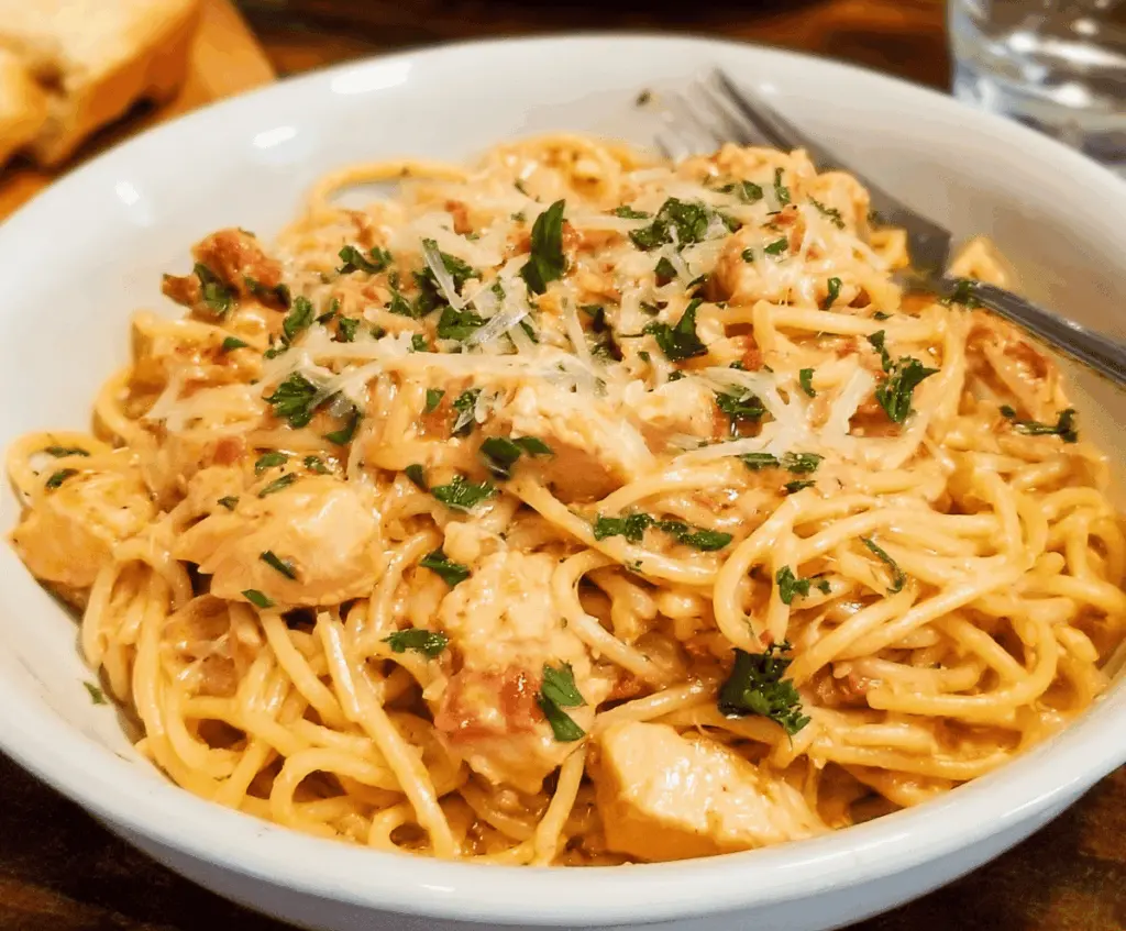 Delicious homemade chicken spaghetti with a savory tomato sauce and melted cheese