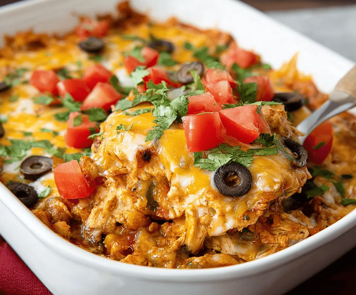 Delicious chicken taco casserole topped with melted cheese and fresh herbs.