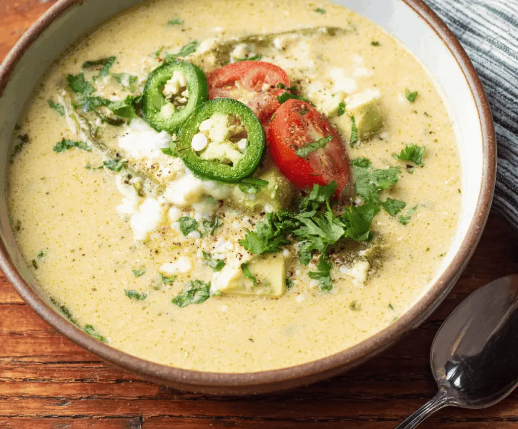 A comforting bowl of Chile Relleno Soup with melted cheese and fresh herbs, perfect for a cozy meal.