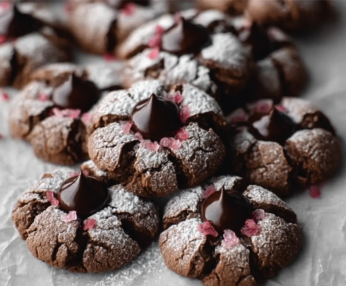 Delicious chocolate blossom cookies with a glossy chocolate center and festive sprinkles on top.