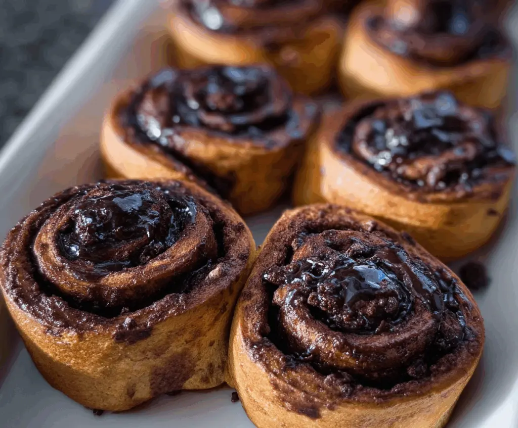 Delicious chocolate cinnamon rolls topped with swirls of rich chocolate and cinnamon spice, perfect for breakfast or dessert