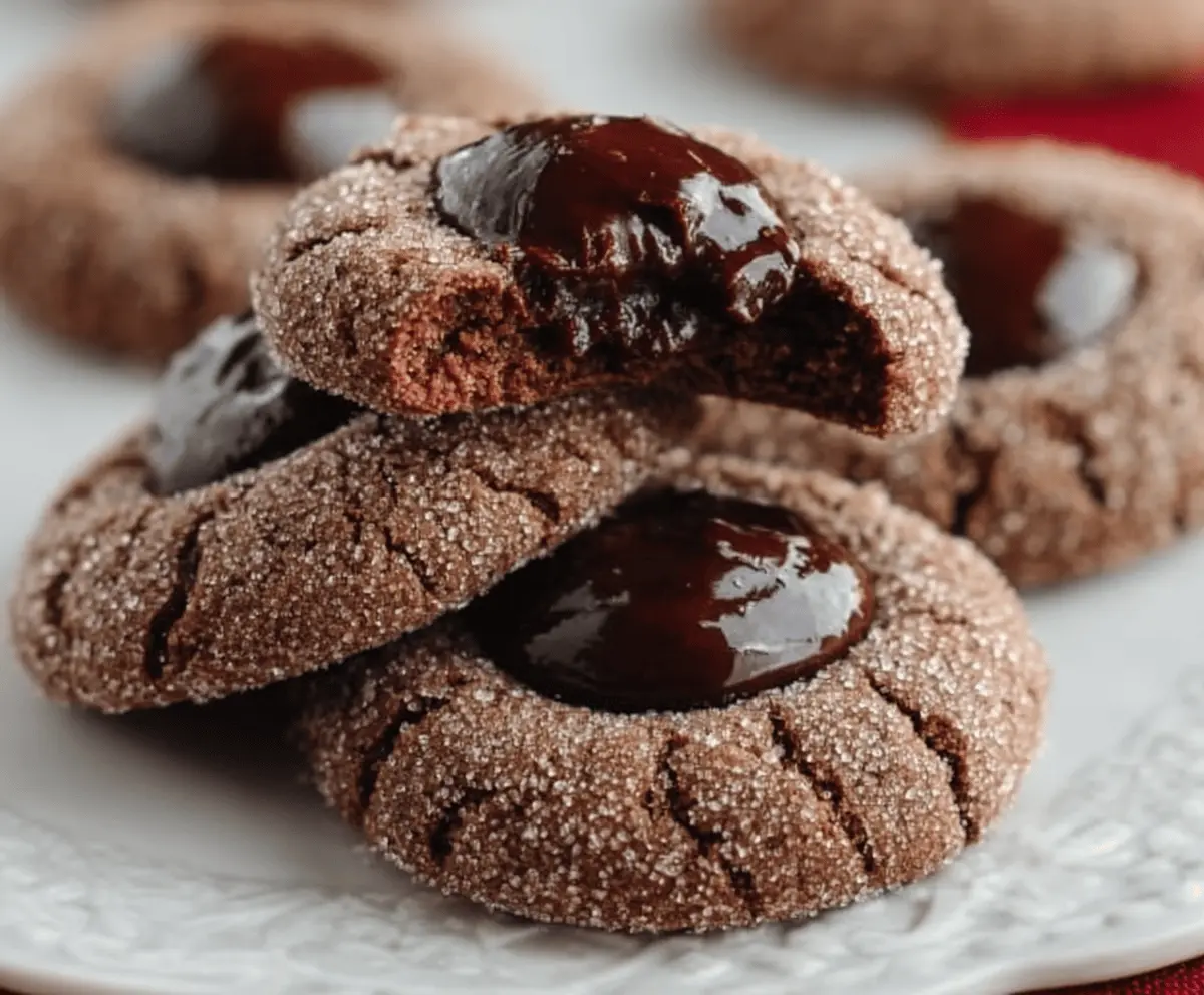 Delicious chocolate thumbprint cookies with a glossy chocolate filling on a white plate