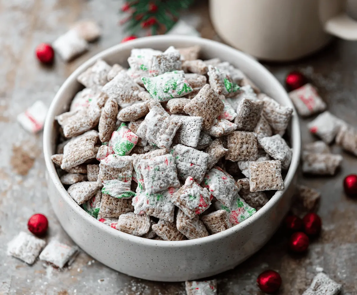 Festive Christmas Puppy Chow with colorful candies and powdered sugar coated snack mix