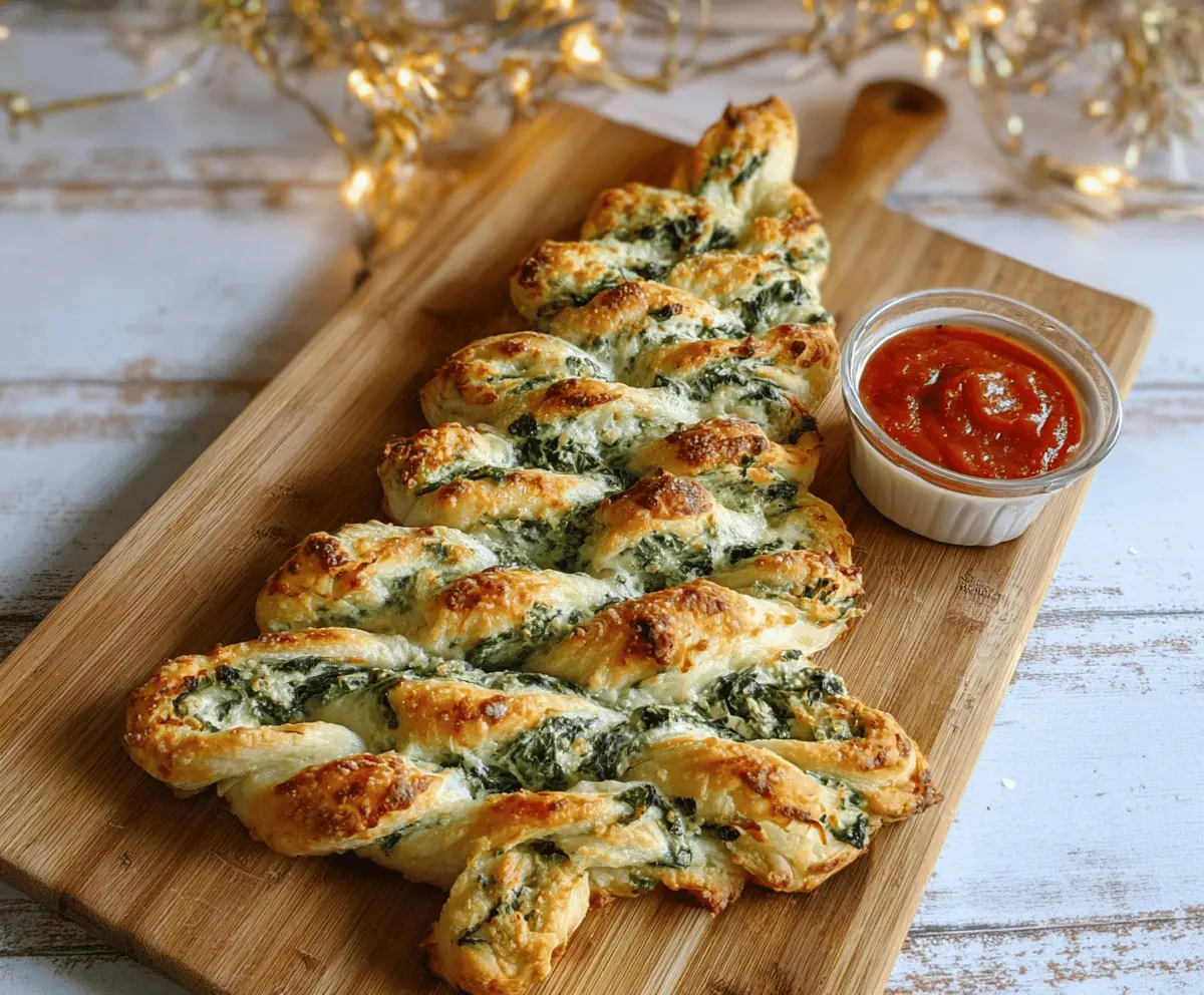 Delicious Christmas Tree Spinach Dip Breadsticks decorated for the holidays.