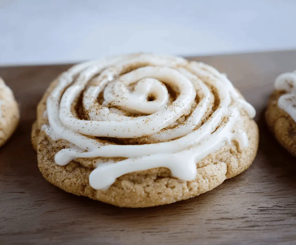 Delicious cinnamon roll cookie with swirled frosting on top, perfect for dessert or a sweet snack