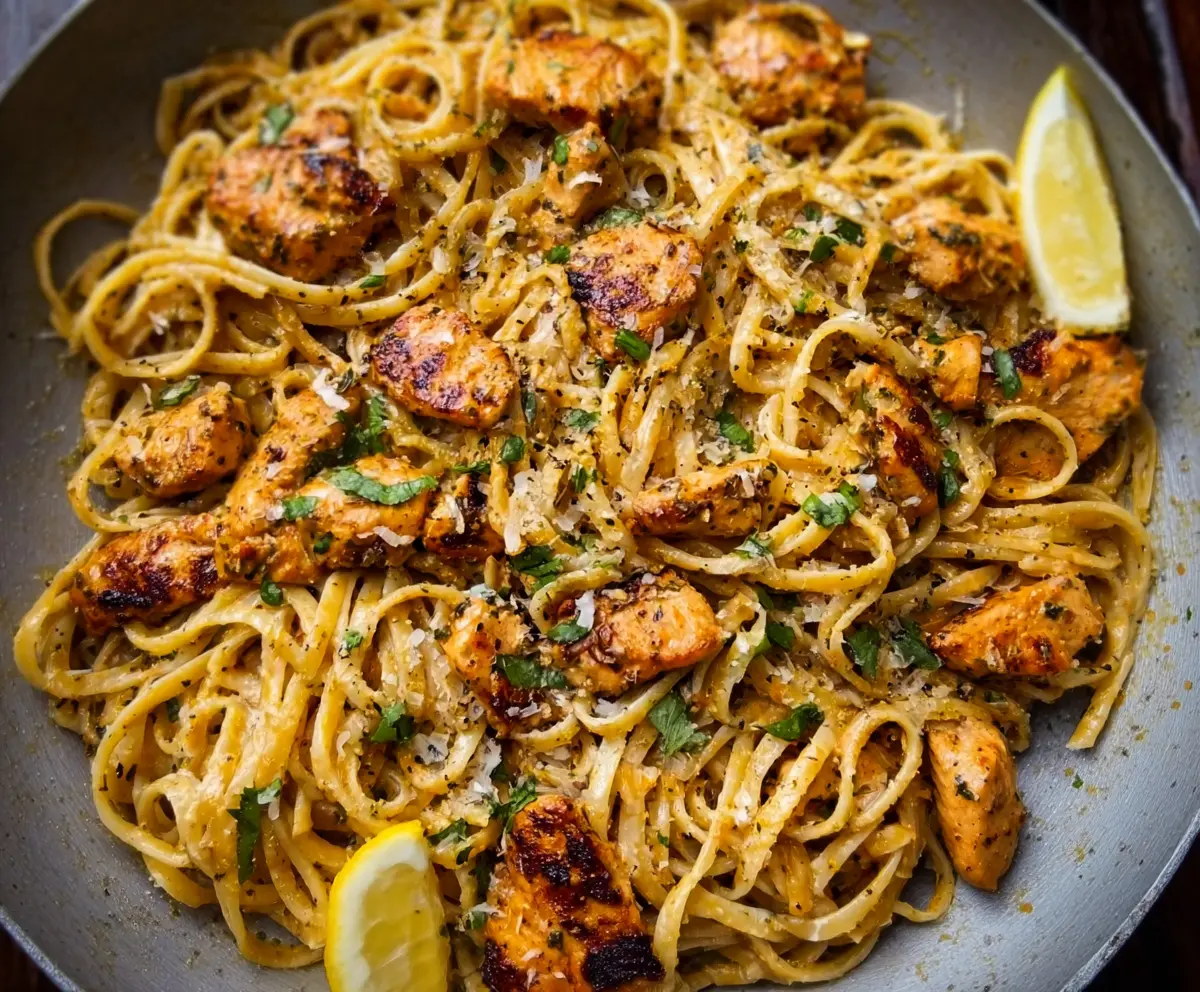 Delicious Cowboy Butter Chicken Linguine served on a plate with fresh herbs.