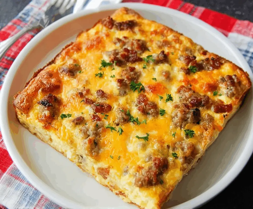 Delicious Crack Breakfast Casserole with eggs, cheese, and bacon served hot on a breakfast plate.
