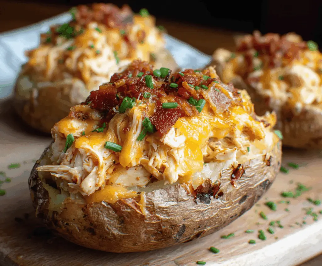 Delicious Crack Chicken Stuffed Potatoes topped with cheese and herbs for a hearty meal.