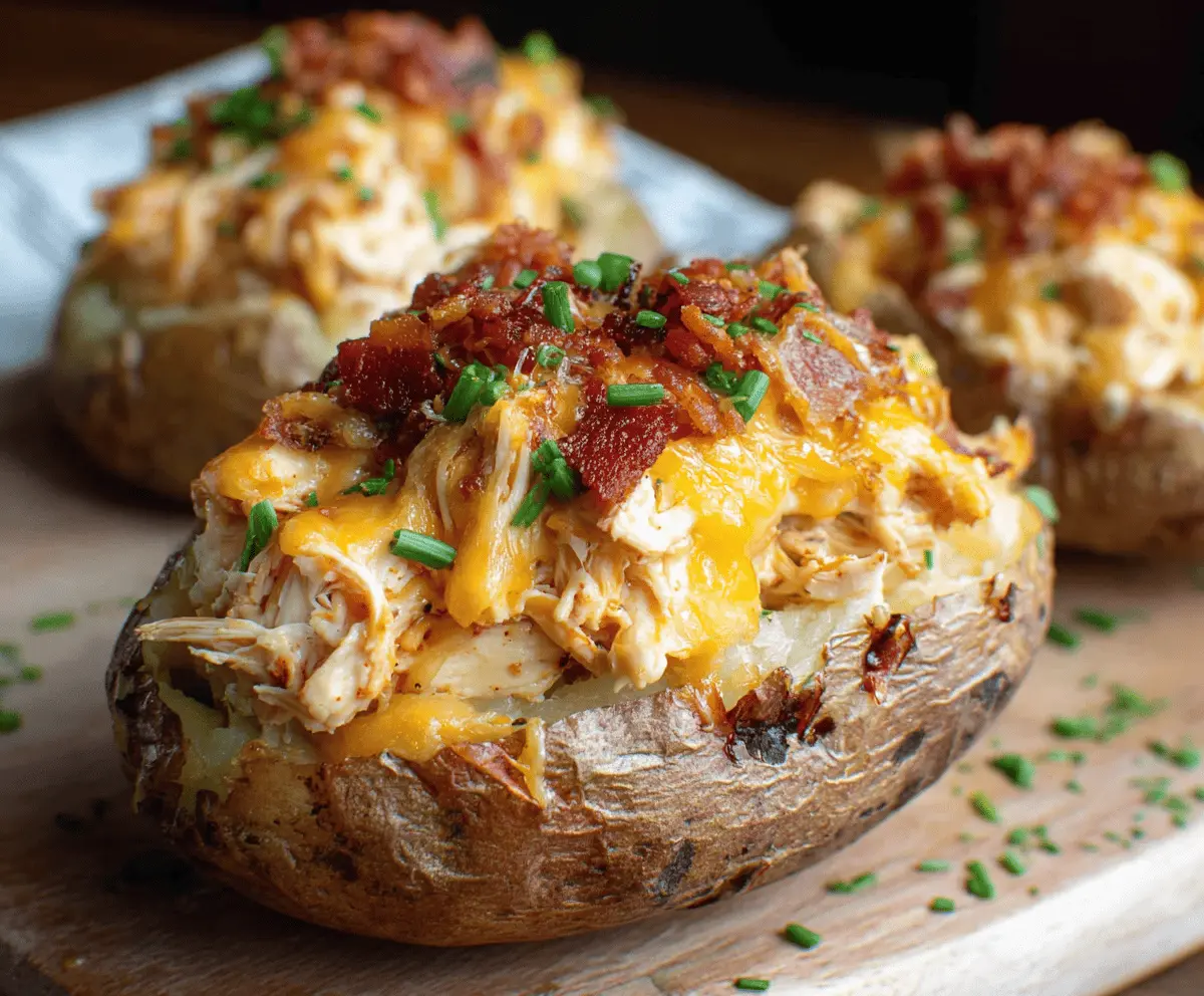 Delicious Crack Chicken Stuffed Potatoes topped with cheese and herbs for a hearty meal.