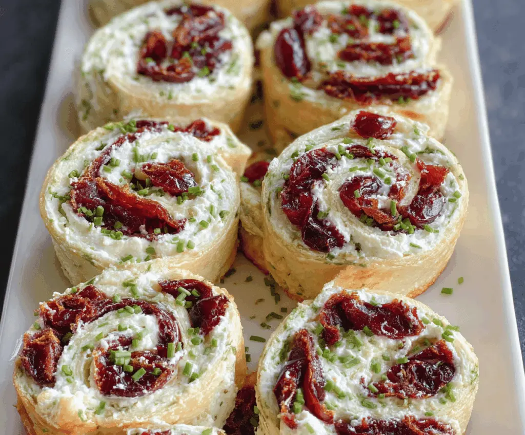 Cranberry Feta Pinwheels with Cream Cheese on a serving platter, garnished with fresh herbs.