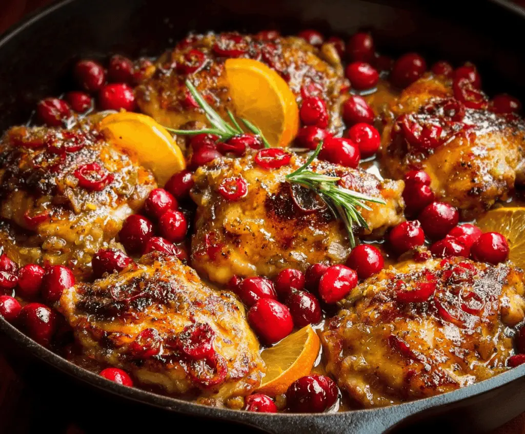 Juicy Cranberry Orange Chicken served with fresh herbs and citrus slices.