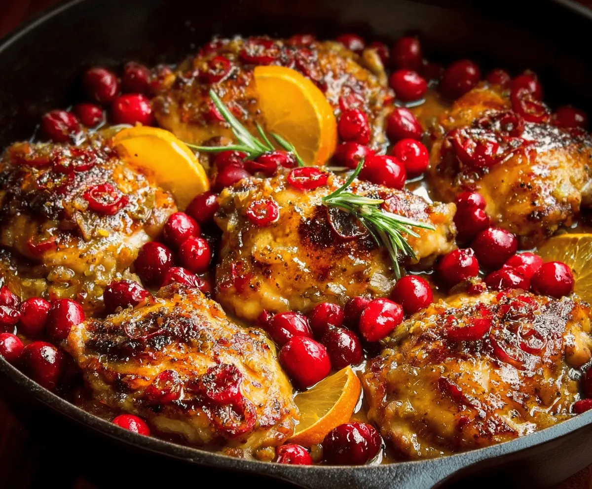 Juicy Cranberry Orange Chicken served with fresh herbs and citrus slices.