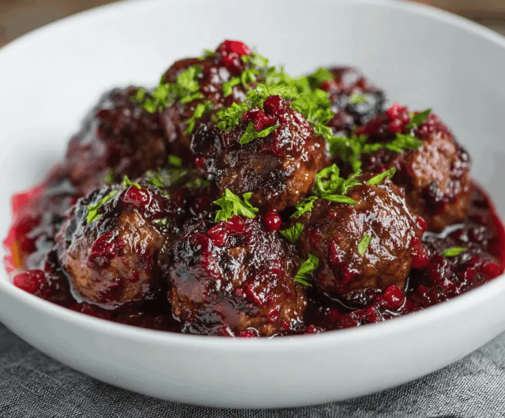 Delicious cranberry sauce meatballs served on a festive platter, perfect for holiday gatherings.