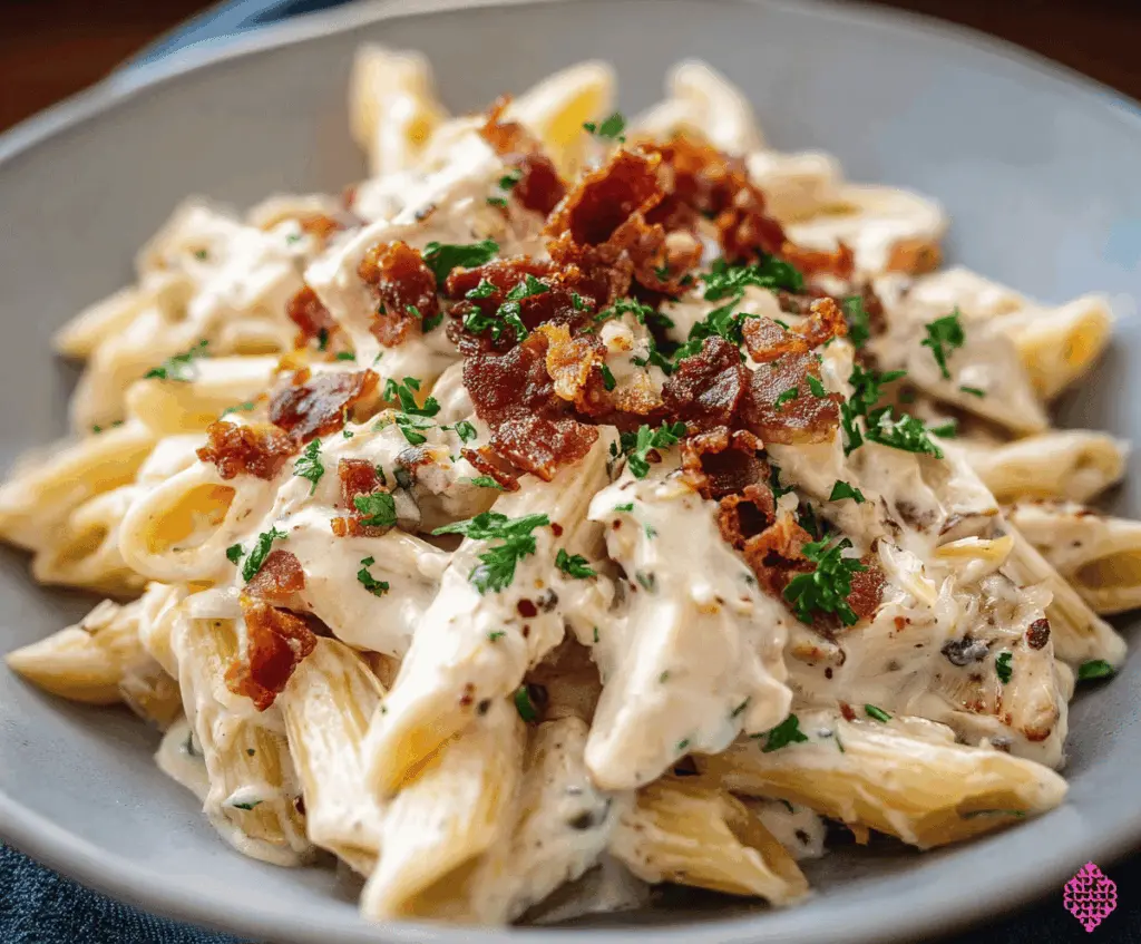 Creamy Chicken Bacon Ranch Pasta served in a bowl, with tender chicken pieces, crispy bacon, and a rich ranch sauce on a rustic wooden table.