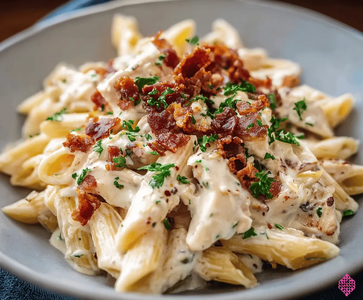 Creamy Chicken Bacon Ranch Pasta served in a bowl, with tender chicken pieces, crispy bacon, and a rich ranch sauce on a rustic wooden table.