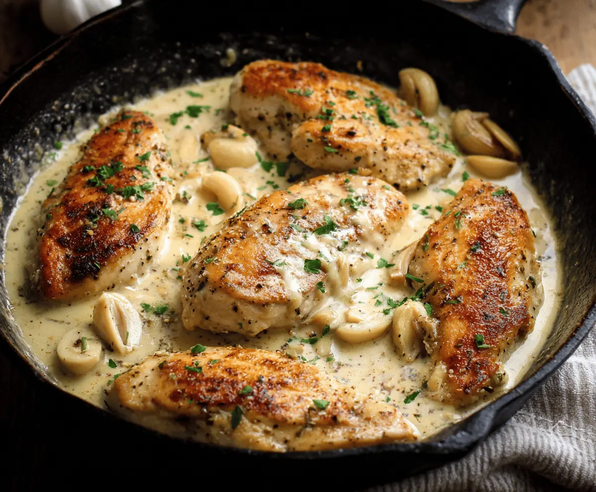 Delicious creamy garlic chicken served with fresh herbs and a rich sauce