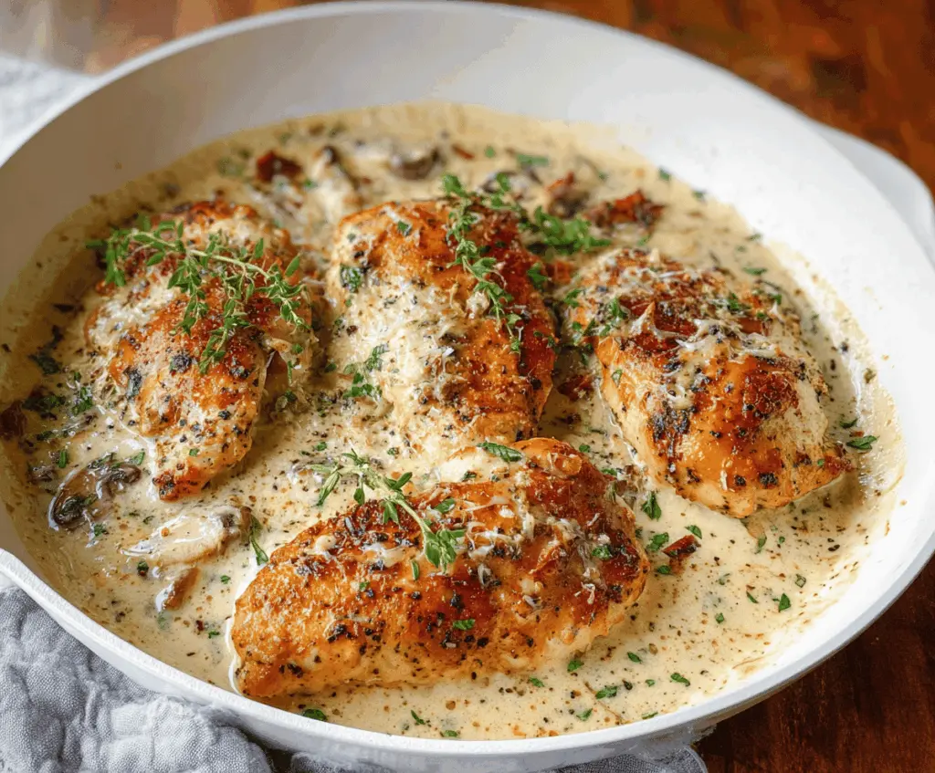 Creamy Garlic Parmesan Chicken served on a plate with herbs and vegetables