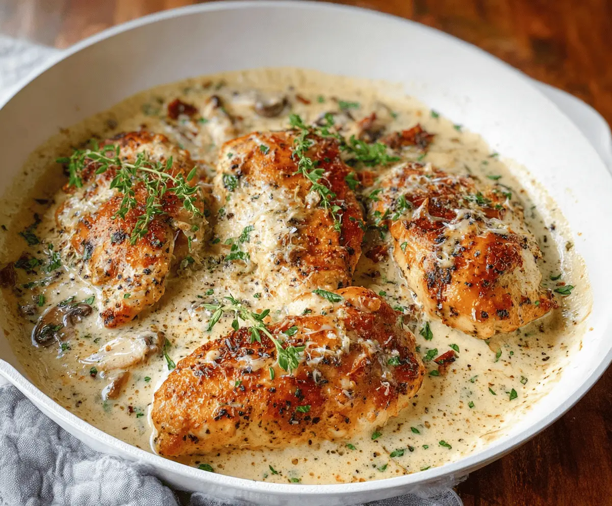 Creamy Garlic Parmesan Chicken served on a plate with herbs and vegetables
