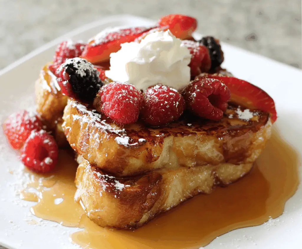 Delicious Crème Brûlée French Toast topped with caramelized sugar and fresh berries