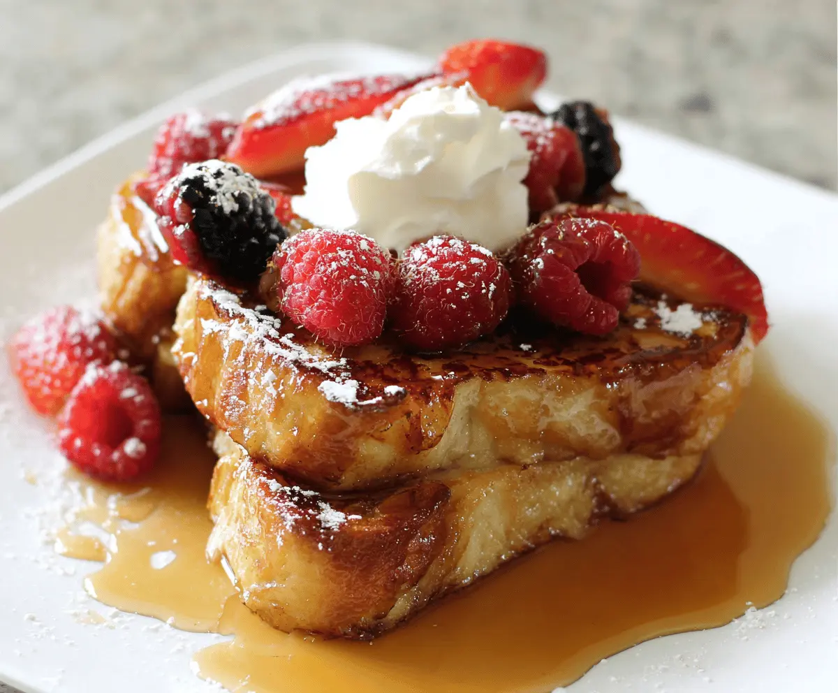 Delicious Crème Brûlée French Toast topped with caramelized sugar and fresh berries