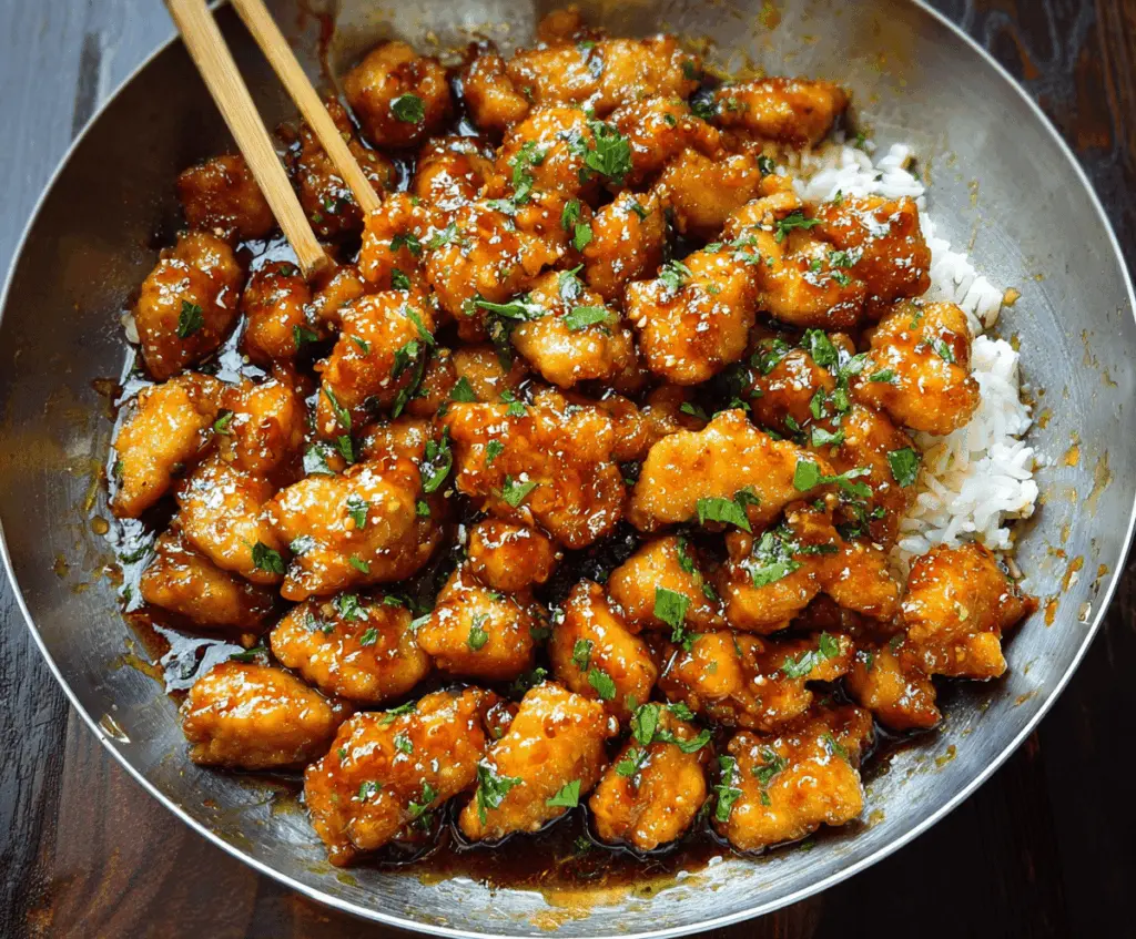 Plate of crispy Chinese honey garlic chicken garnished with fresh herbs, showcasing a golden-brown, savory appetizer.