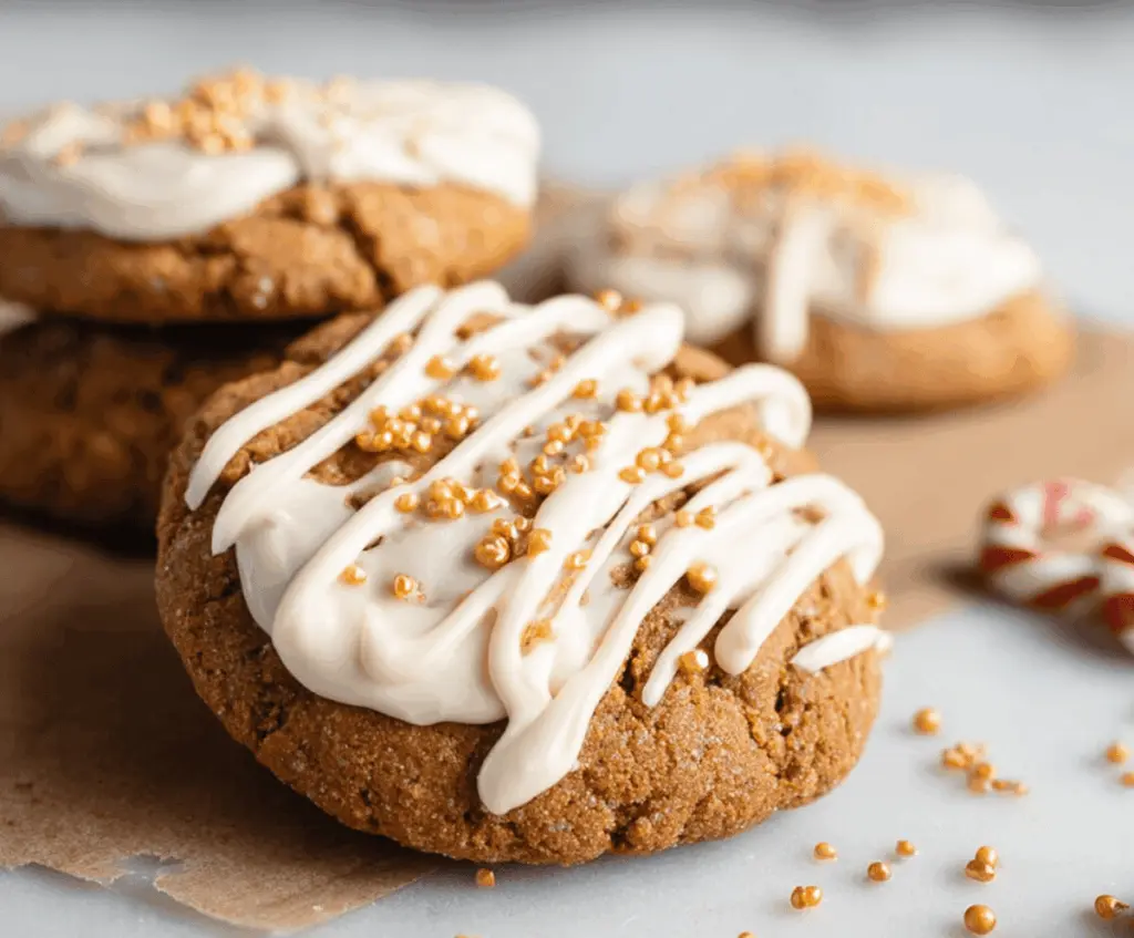 Delicious CRUMBL gingerbread cookies on a festive plate, showcasing their spiced, crunchy exterior and chewy interior.