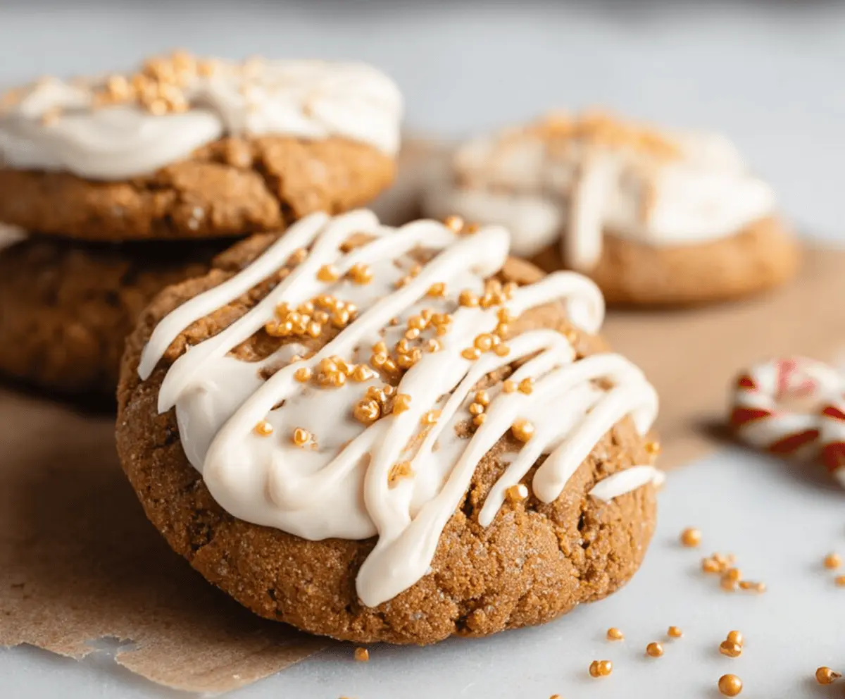 Delicious CRUMBL gingerbread cookies on a festive plate, showcasing their spiced, crunchy exterior and chewy interior.