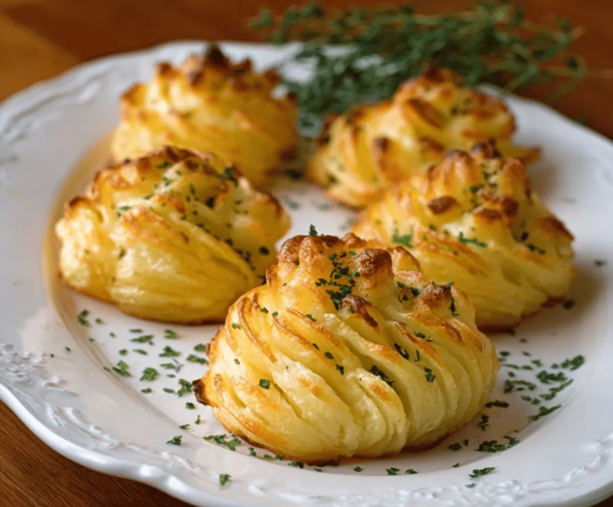 Creamy Duchess Potatoes garnished with fresh herbs, served as an elegant side dish.