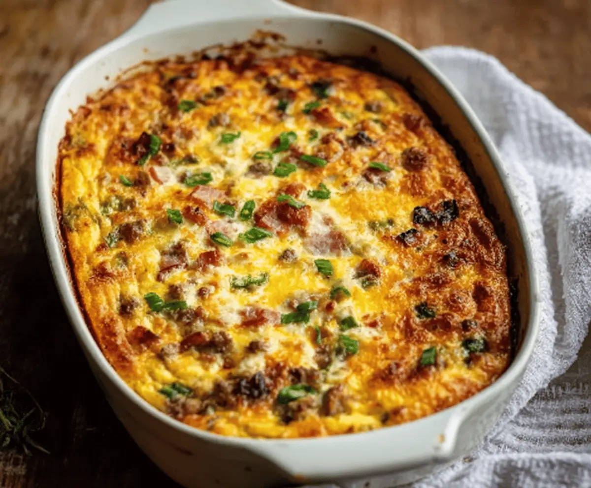 Delicious Farmer’s Casserole featuring fresh vegetables, cheese, and hearty ingredients baked to perfection.