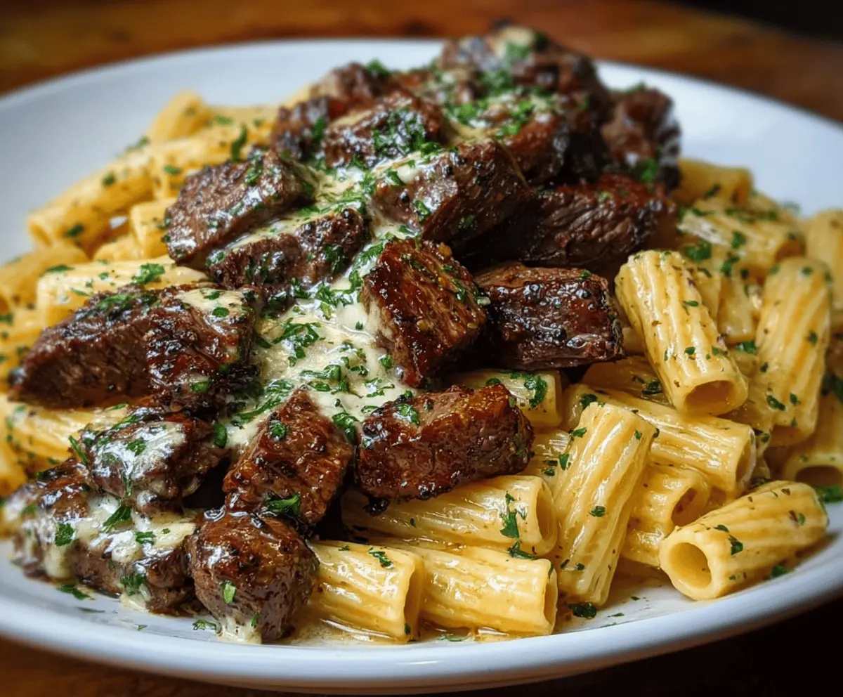 Garlic Butter Steak Tips & Cheesy Rigatoni