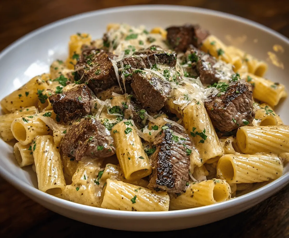 Juicy garlic butter steak tips served with cheesy rigatoni pasta on a plate.