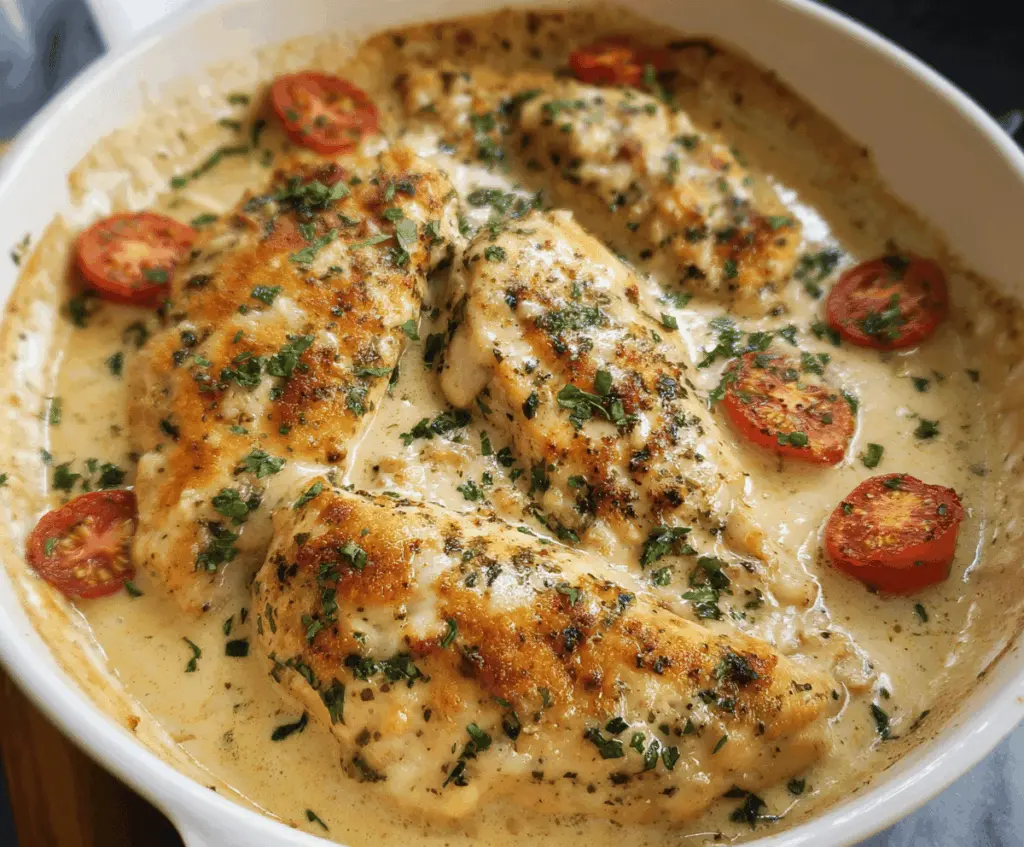 Delicious Garlic Parmesan Chicken Bake with crispy edges and golden cheese topping.
