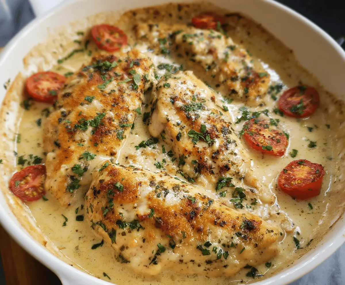 Delicious Garlic Parmesan Chicken Bake with crispy edges and golden cheese topping.