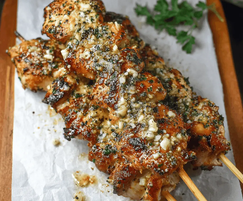 Juicy garlic Parmesan chicken skewers grilled to perfection, garnished with fresh herbs.