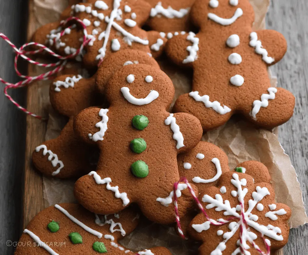 Colorful gingerbread man cookies decorated with icing and sprinkles on a festive plate.