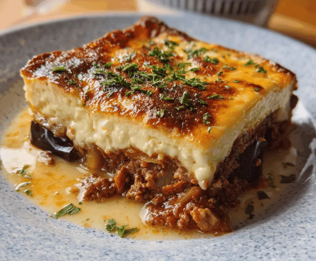 Delicious Greek Moussaka with layers of eggplant, potatoes, and savory meat sauce garnished with fresh herbs.