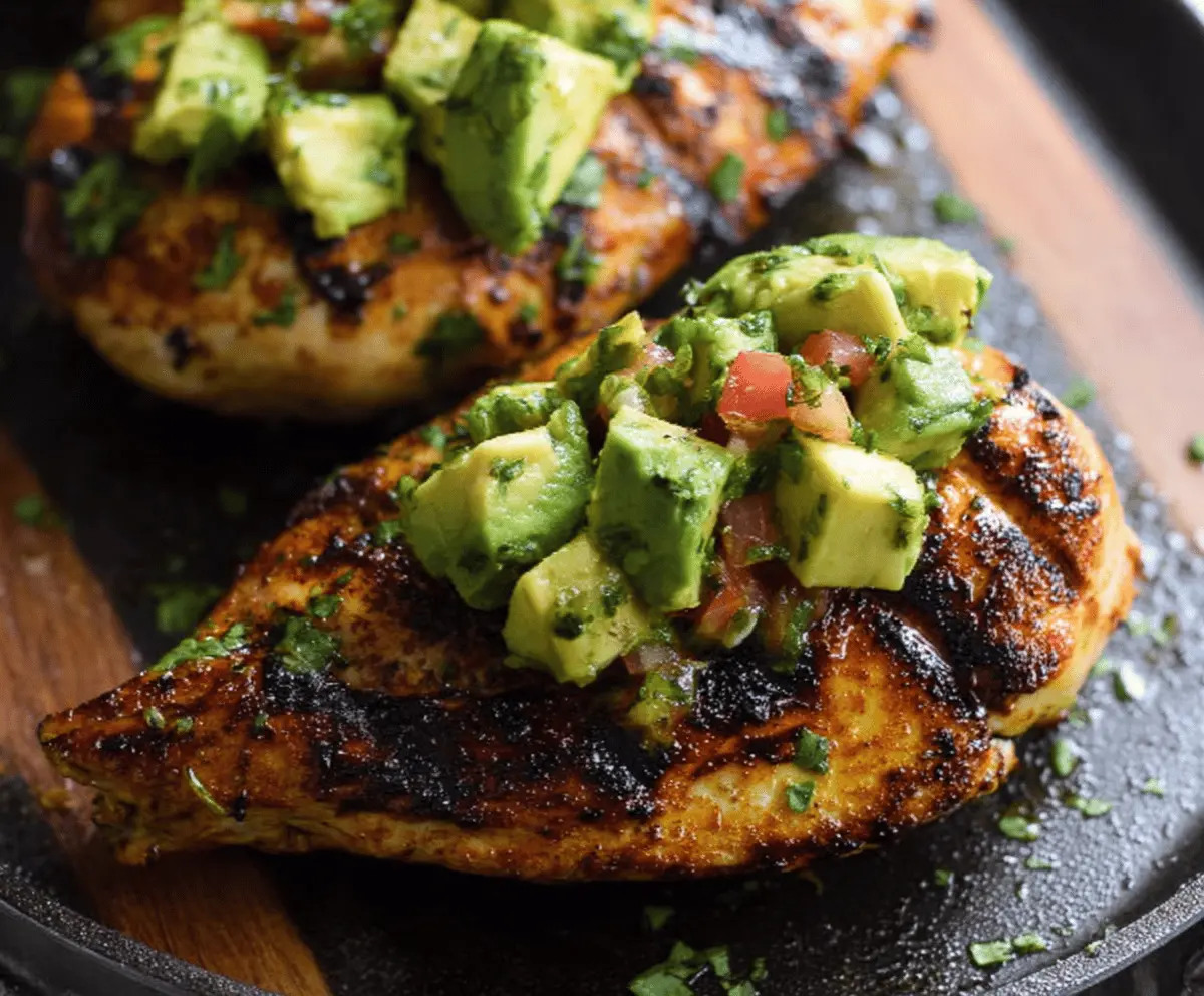 Delicious grilled avocado chicken served on a plate with fresh herbs and vegetables.