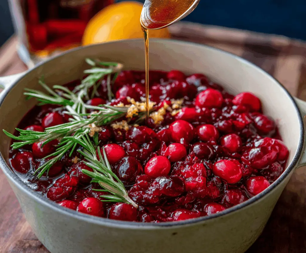 Delicious honey bourbon cranberry sauce served in a glass bowl, perfect for holiday dinners.
