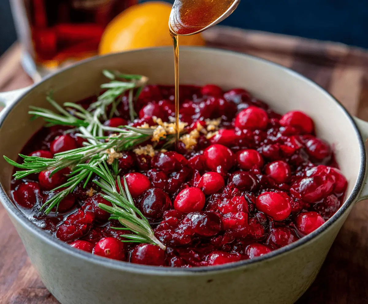 Delicious honey bourbon cranberry sauce served in a glass bowl, perfect for holiday dinners.