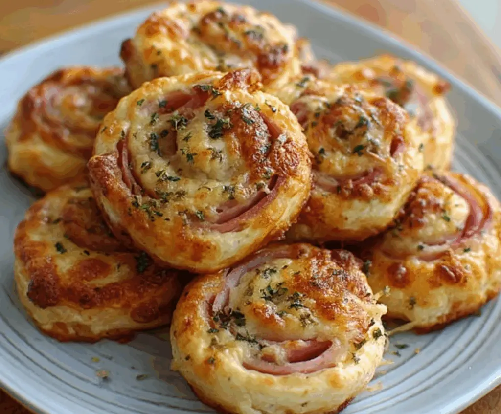 Delicious Hot Ham & Cheese Pinwheels fresh out of the oven, showcasing golden-brown crust and melted cheese filling.