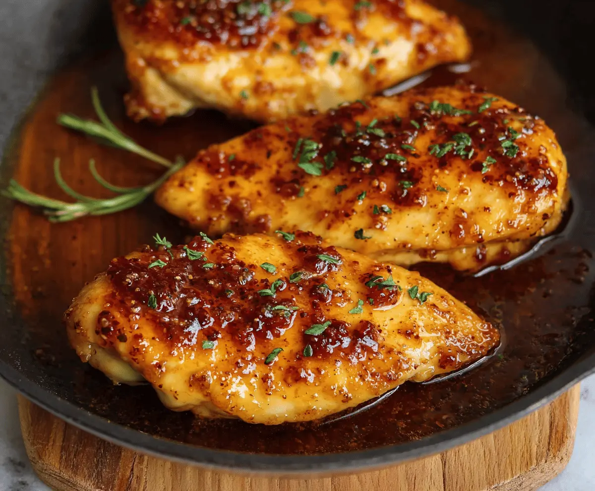 Juicy baked chicken breasts drizzled with hot honey glaze served on a white plate.