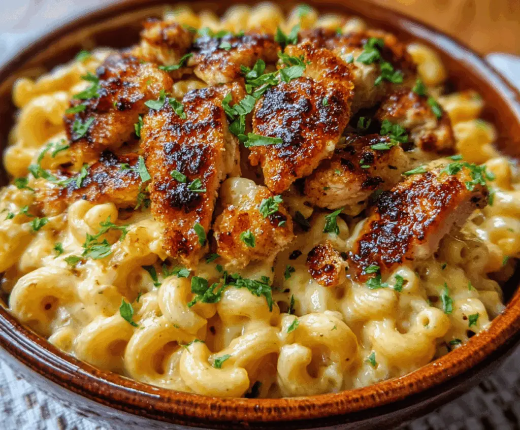 Creamy hot honey chicken mac and cheese served in a rustic bowl, topped with fresh herbs
