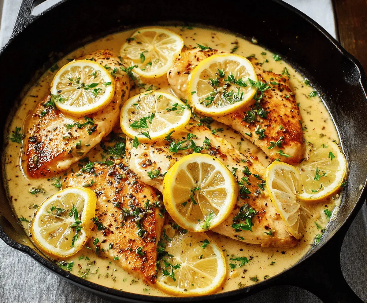 Juicy Lemon Garlic Chicken cooked in a skillet, garnished with fresh herbs for a flavorful dinner.