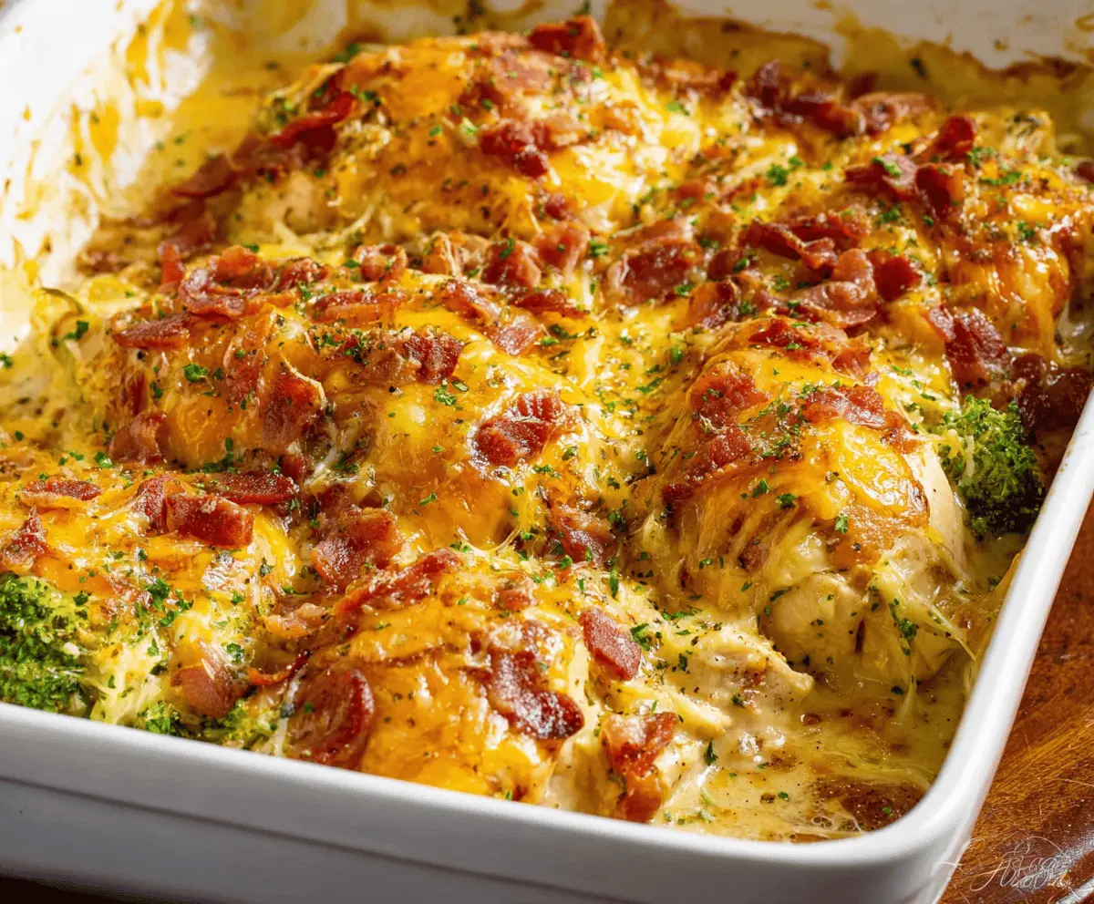 Delicious low carb chicken casserole with cheese and vegetables in a baking dish.