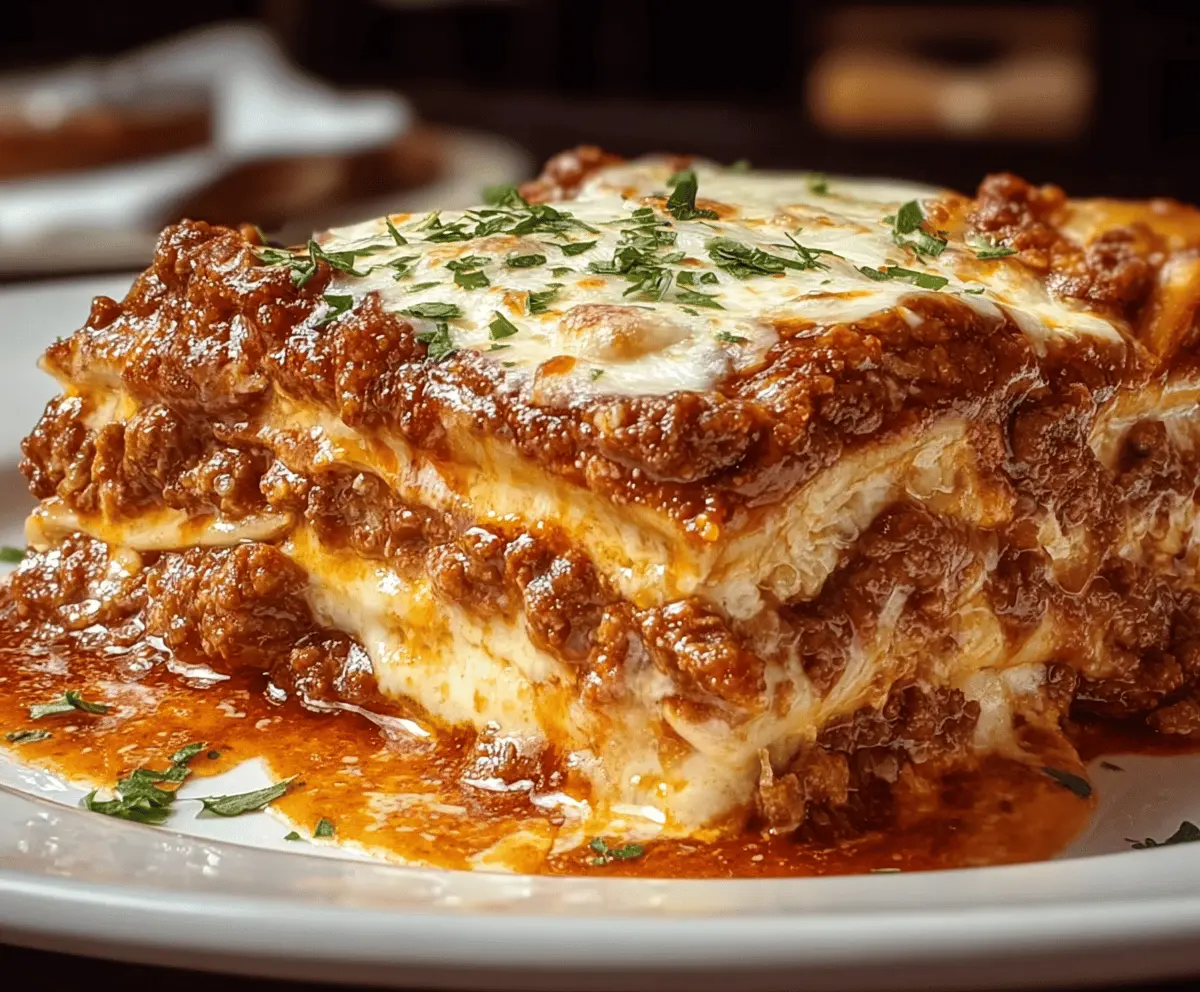Delicious homemade Maggiano's Lasagna layered with rich cheese and savory meat sauce.